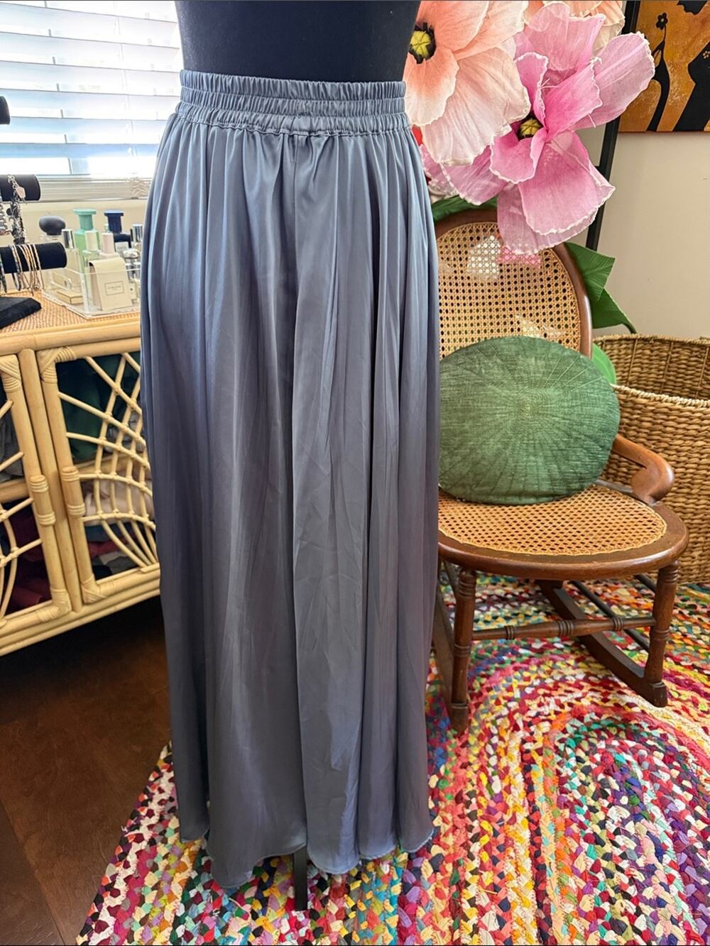 Zara Steel Blue Satin Elastic Waist Boho Hippie Whimsigoth Cottage Maxi Skirt